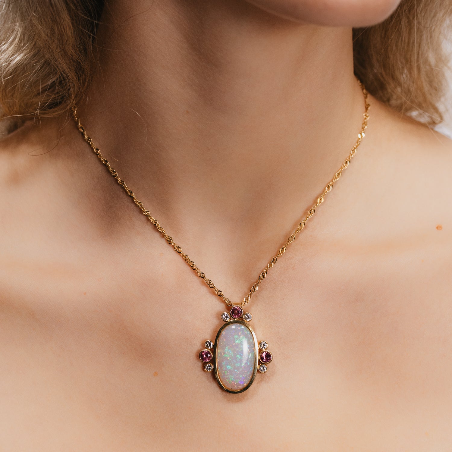 11.03ct Opal, Pink Tourmaline & Diamond Pendant 18K Yellow Gold Necklace