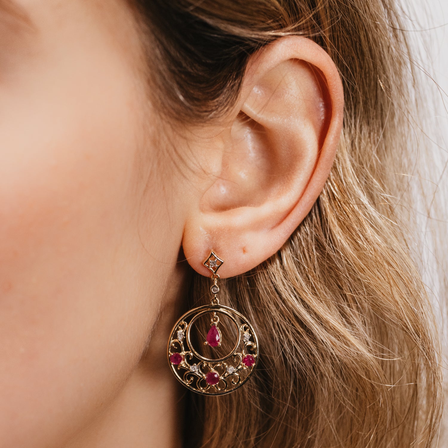 Filigree Ruby and Diamond Disk Earrings