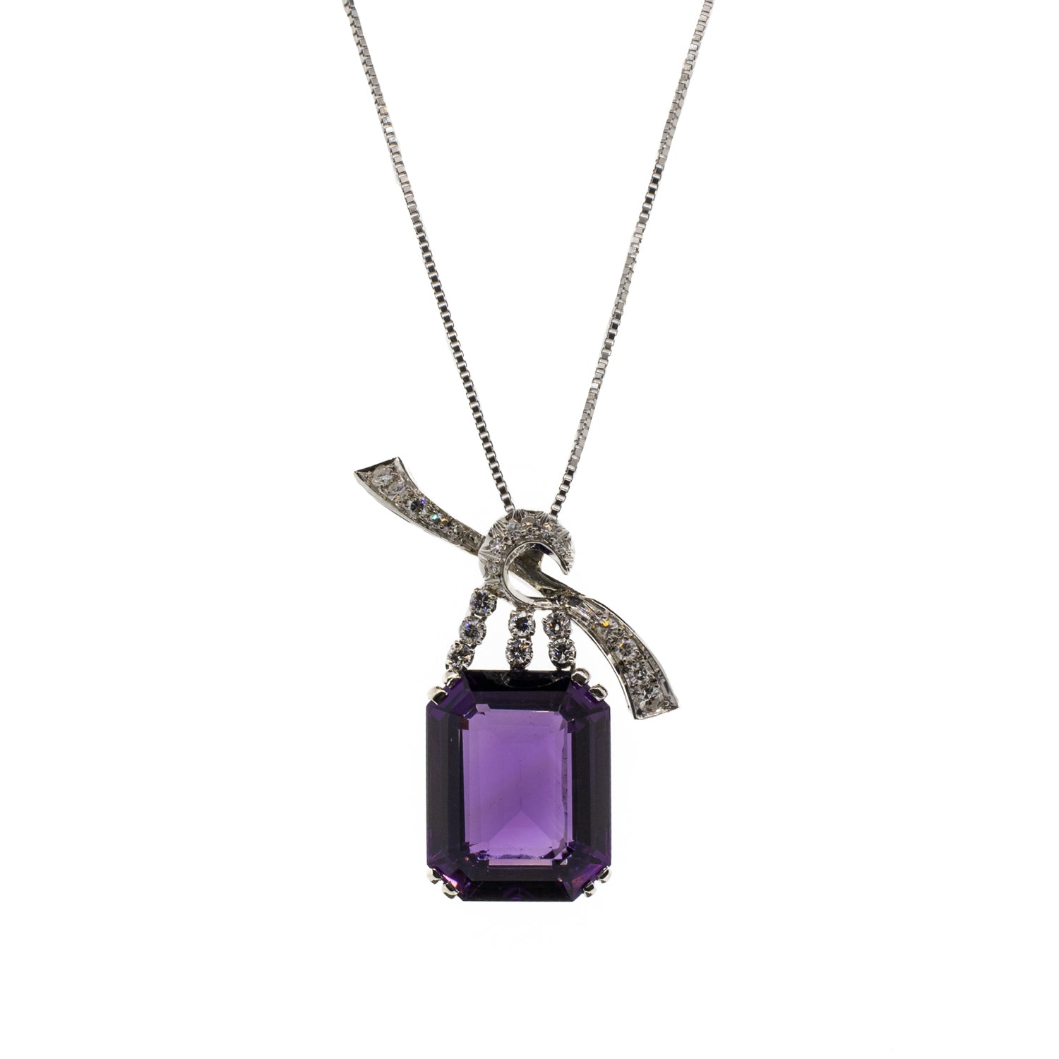 Vintage 18K White Gold Amethyst and Natural Diamond Pendant Necklace