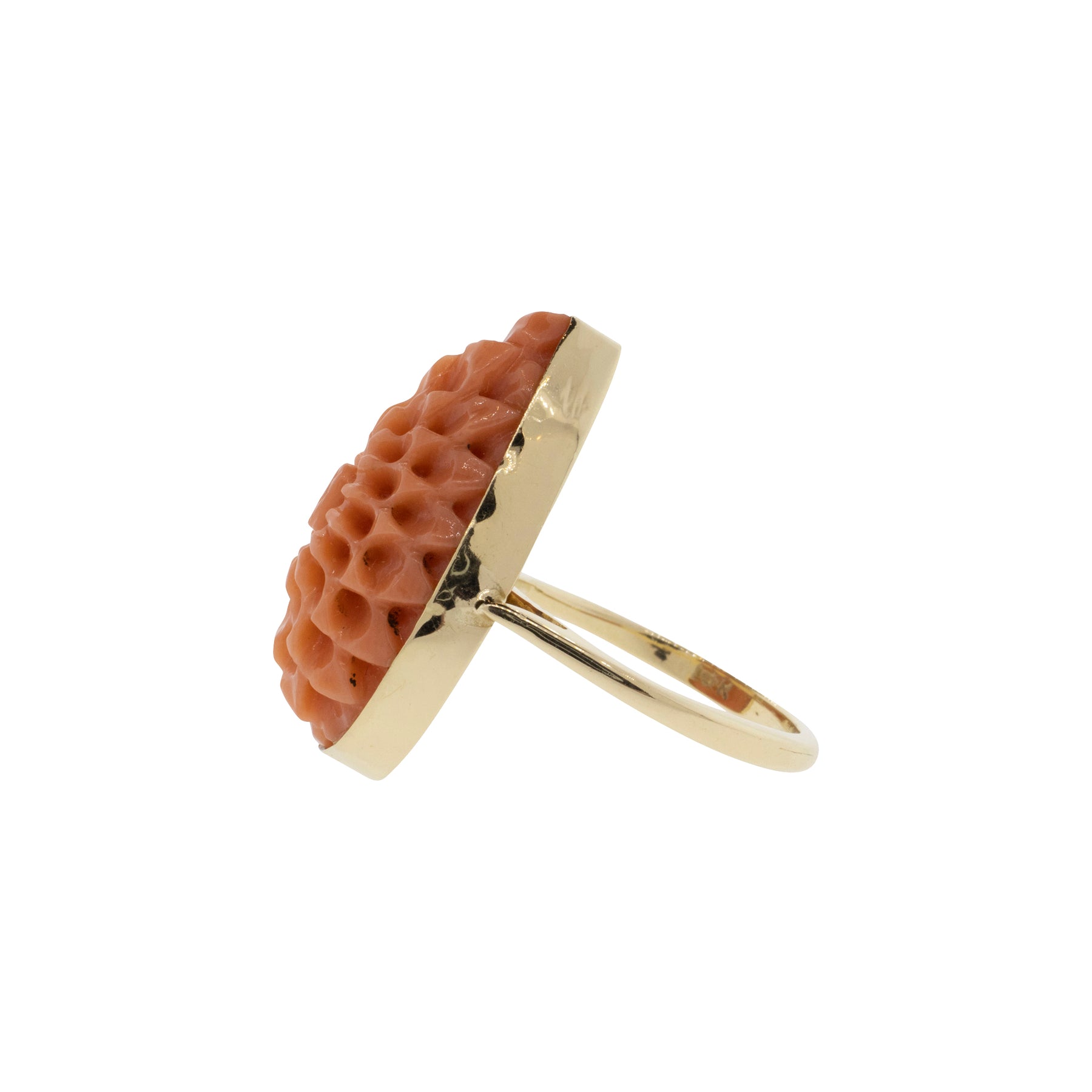Carved Floral Antique Coral 14K Yellow Gold Ring