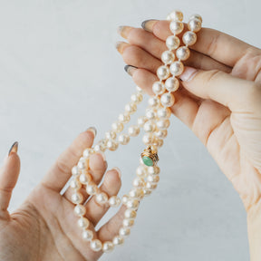 Opera Length Akoya Pearl Strand with 14K Yellow Gold Jadeite Clasp