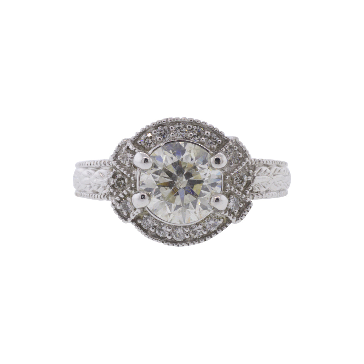 14K White Gold 1.94ctw Diamond Halo Engraved Ring
