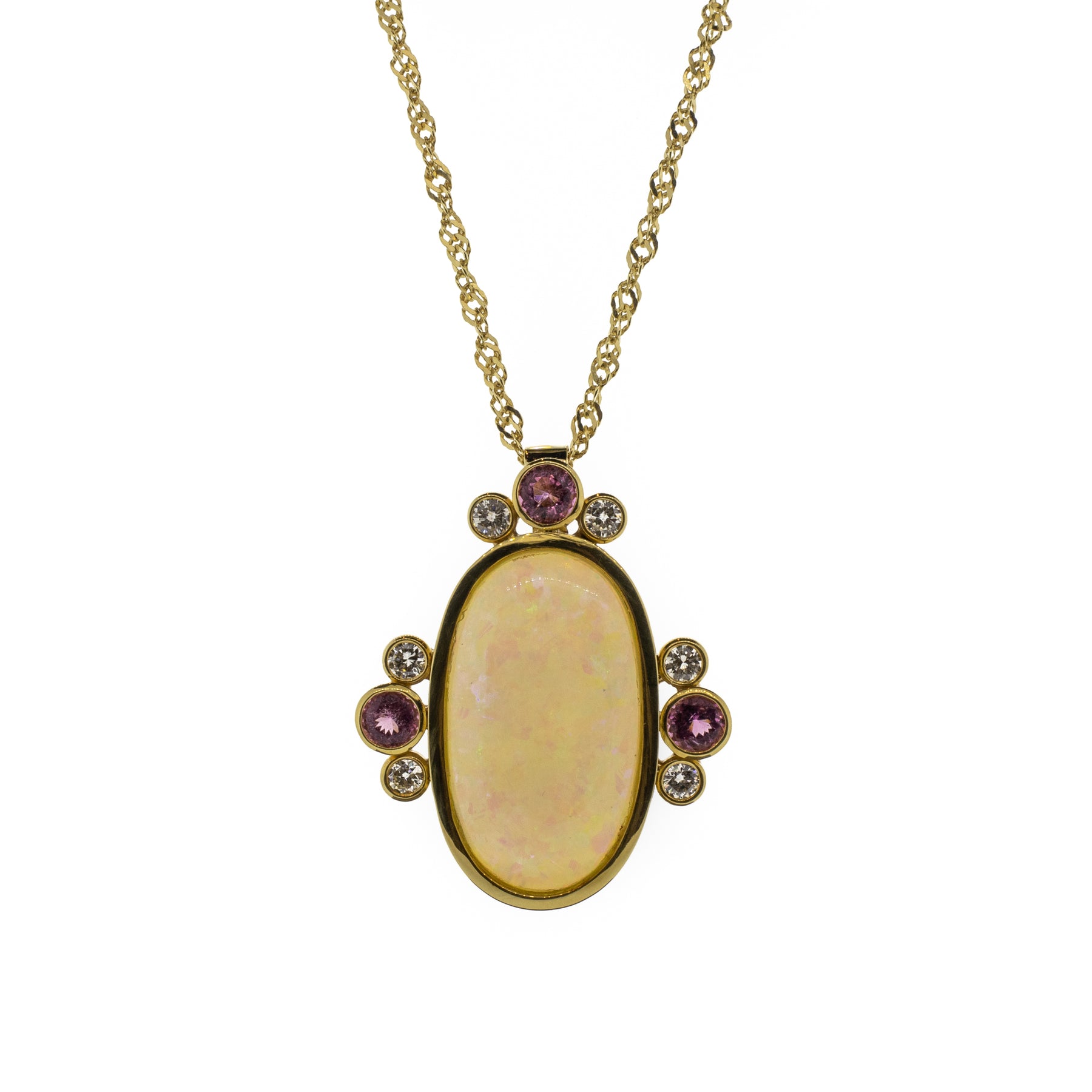 11.03ct Opal, Pink Tourmaline & Diamond Pendant 18K Yellow Gold Necklace