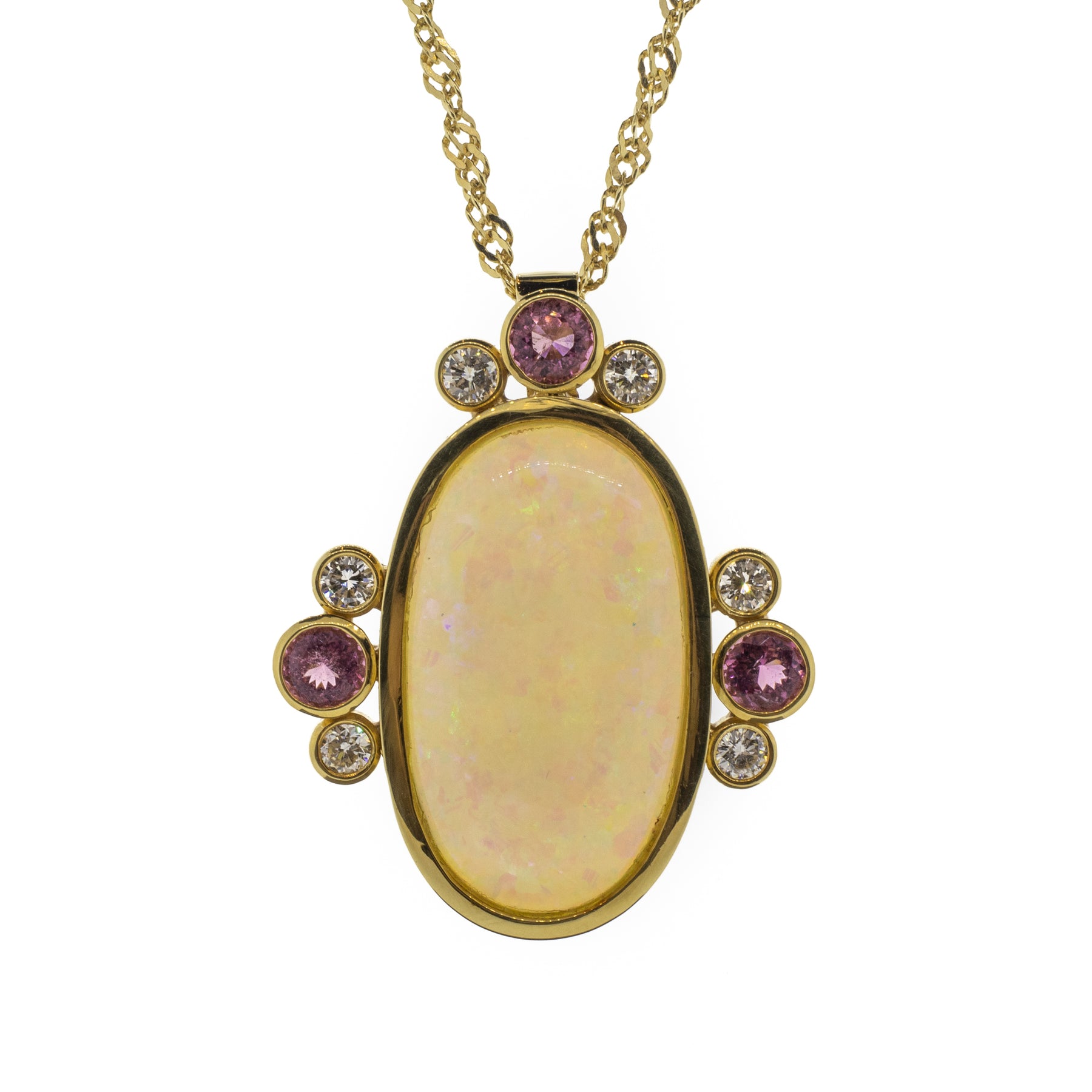 11.03ct Opal, Pink Tourmaline & Diamond Pendant 18K Yellow Gold Necklace