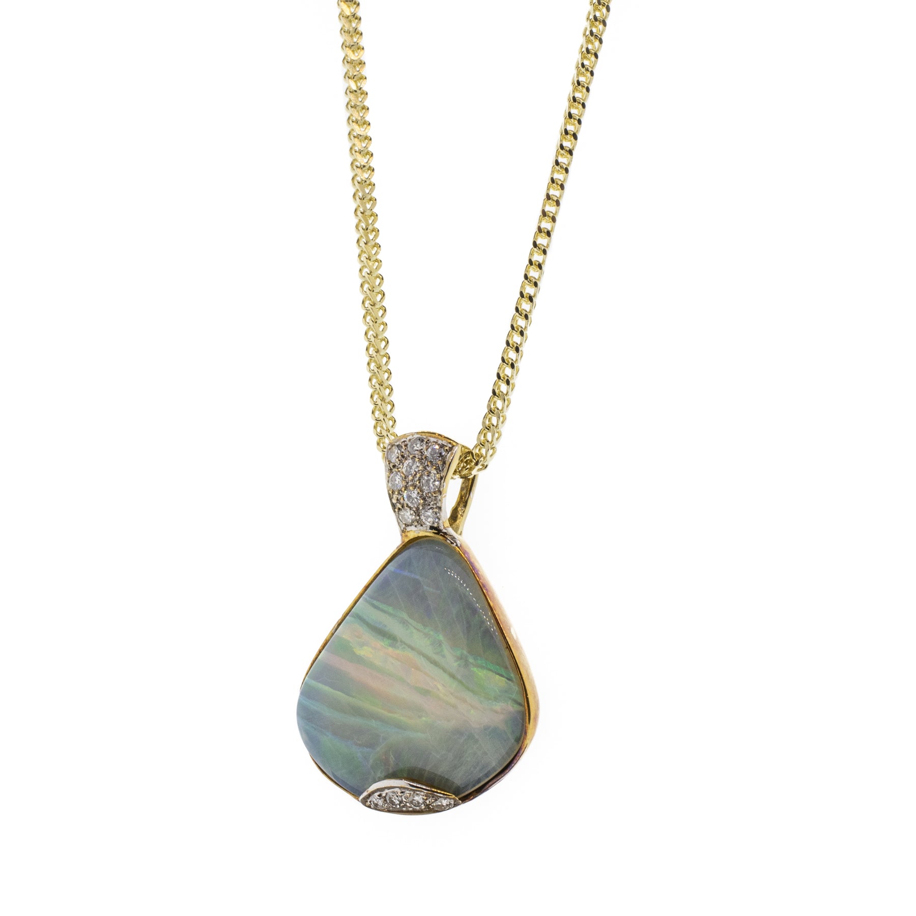 14K Yellow Gold Grey Opal and Diamond Pendant Necklace