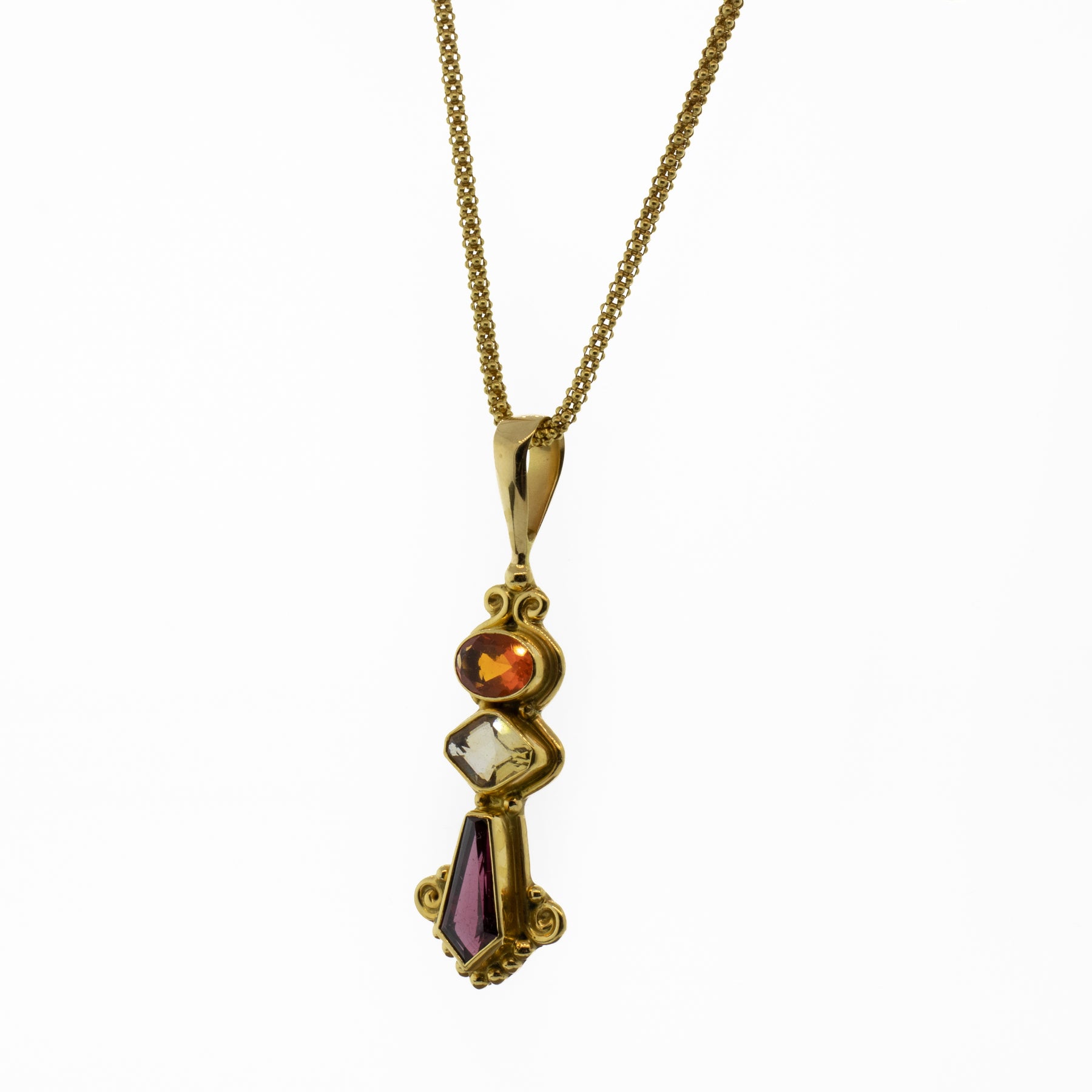 -Rhodolite, Citrine & Spessartite Pendant With Yellow Gold Chain