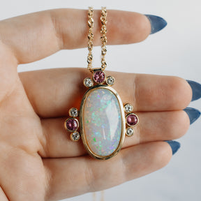 11.03ct Opal, Pink Tourmaline & Diamond Pendant 18K Yellow Gold Necklace