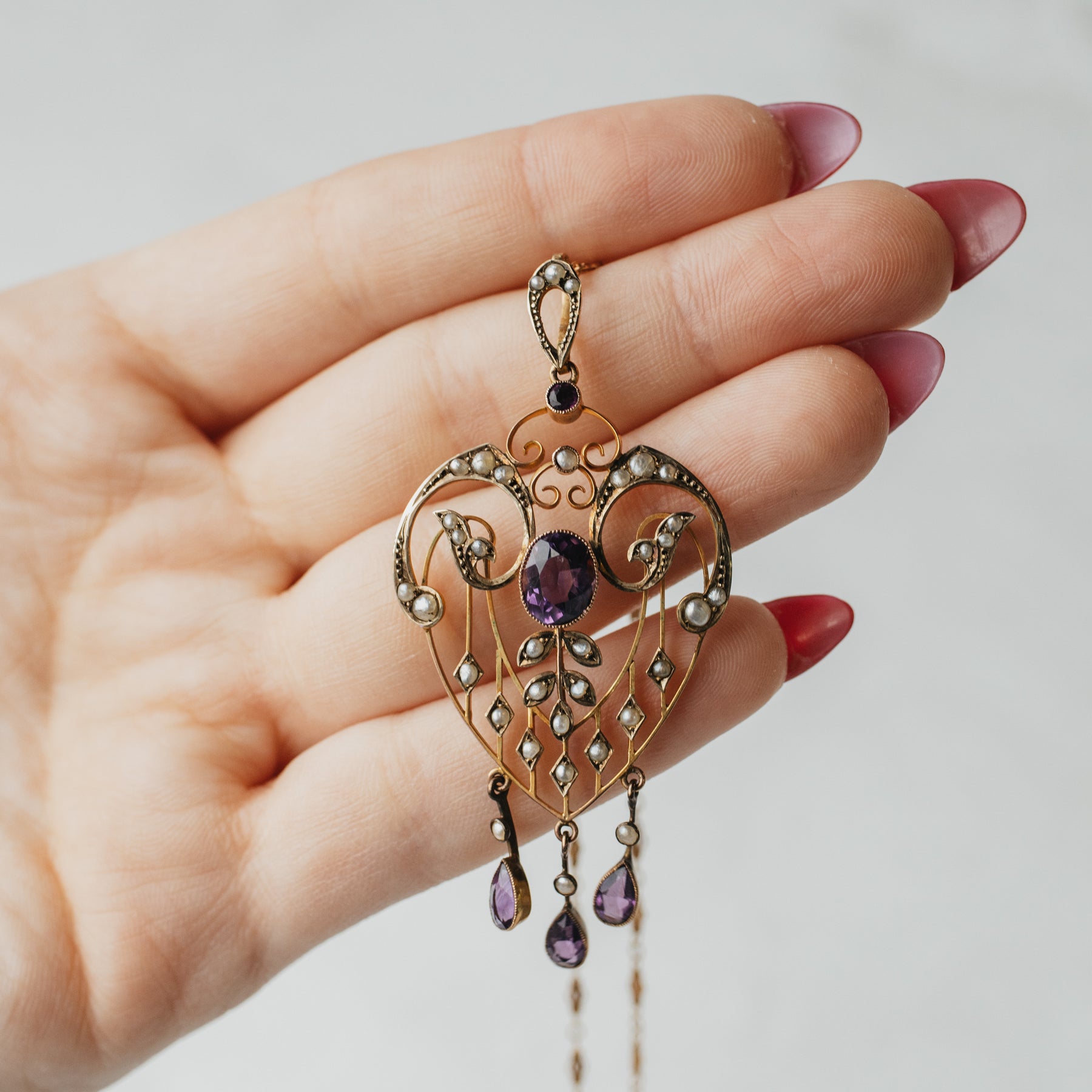 Edwardian Art Nouveau Pearl and Amethyst Pendant