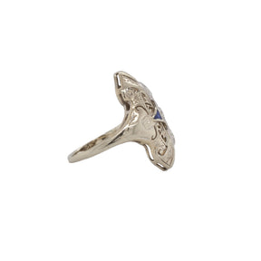 Art Deco Navette Old European Cut Diamond & Synthetic Sapphire Platinum Ring